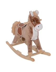 HOMCOM Kids Children Plush Rocking Horse Wooden Base Ride On Toy Rocker with Handle Grip Traditional Toy Fun Gift for Age 3+ (Br