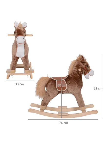 HOMCOM Kids Children Plush Rocking Horse Wooden Base Ride On Toy Rocker with Handle Grip Traditional Toy Fun Gift for Age 3+ (Br