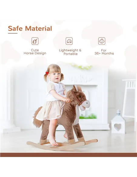 HOMCOM Kids Children Plush Rocking Horse Wooden Base Ride On Toy Rocker with Handle Grip Traditional Toy Fun Gift for Age 3+ (Br