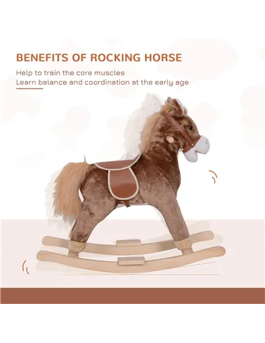 HOMCOM Kids Children Plush Rocking Horse Wooden Base Ride On Toy Rocker with Handle Grip Traditional Toy Fun Gift for Age 3+ (Br