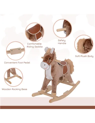 HOMCOM Kids Children Plush Rocking Horse Wooden Base Ride On Toy Rocker with Handle Grip Traditional Toy Fun Gift for Age 3+ (Br