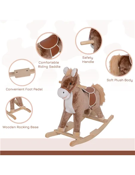 HOMCOM Kids Children Plush Rocking Horse Wooden Base Ride On Toy Rocker with Handle Grip Traditional Toy Fun Gift for Age 3+ (Br