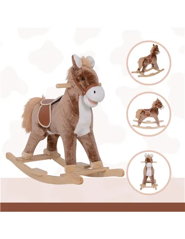 HOMCOM Kids Children Plush Rocking Horse Wooden Base Ride On Toy Rocker with Handle Grip Traditional Toy Fun Gift for Age 3+ (Br