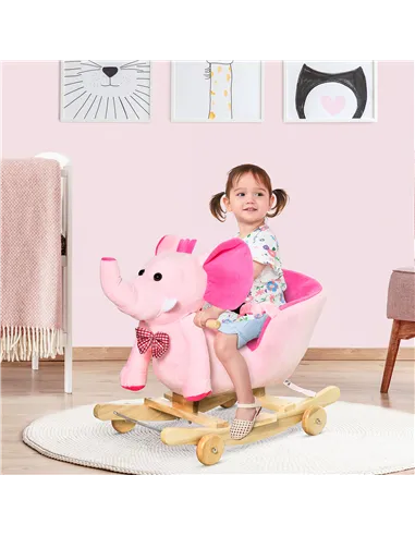 HOMCOM 2 In 1 Plush Baby Ride on Rocking Horse Elephant Rocker with Wheels Wooden Toy for Kids 32 Songs for 18+ Months (Pink)
