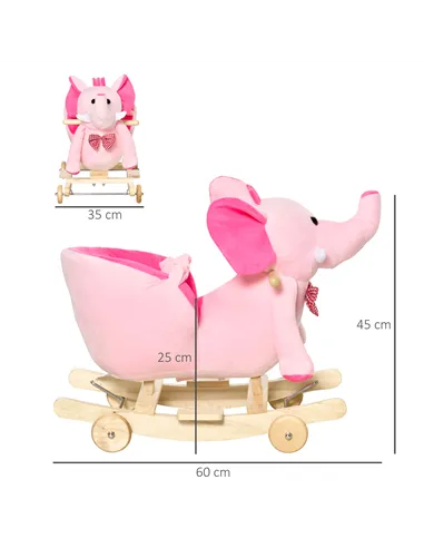 HOMCOM 2 In 1 Plush Baby Ride on Rocking Horse Elephant Rocker with Wheels Wooden Toy for Kids 32 Songs for 18+ Months (Pink)