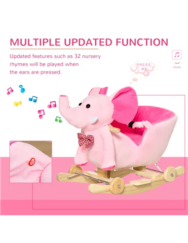 HOMCOM 2 In 1 Plush Baby Ride on Rocking Horse Elephant Rocker with Wheels Wooden Toy for Kids 32 Songs for 18+ Months (Pink)