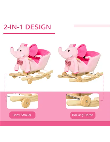HOMCOM 2 In 1 Plush Baby Ride on Rocking Horse Elephant Rocker with Wheels Wooden Toy for Kids 32 Songs for 18+ Months (Pink)