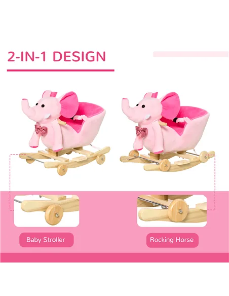 HOMCOM 2 In 1 Plush Baby Ride on Rocking Horse Elephant Rocker with Wheels Wooden Toy for Kids 32 Songs for 18+ Months (Pink)