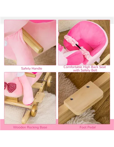 HOMCOM 2 In 1 Plush Baby Ride on Rocking Horse Elephant Rocker with Wheels Wooden Toy for Kids 32 Songs for 18+ Months (Pink)