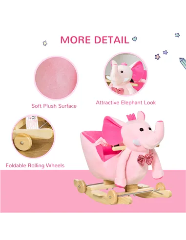 HOMCOM 2 In 1 Plush Baby Ride on Rocking Horse Elephant Rocker with Wheels Wooden Toy for Kids 32 Songs for 18+ Months (Pink)