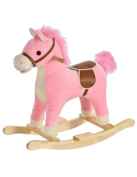 HOMCOM Kids Plush Rocking Horse w/ Sound Moving Mouth Wagging Tail Children Rocker Ride On Toy Gift 3-6 Years Pink