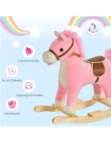 HOMCOM Kids Plush Rocking Horse w/ Sound Moving Mouth Wagging Tail Children Rocker Ride On Toy Gift 3-6 Years Pink