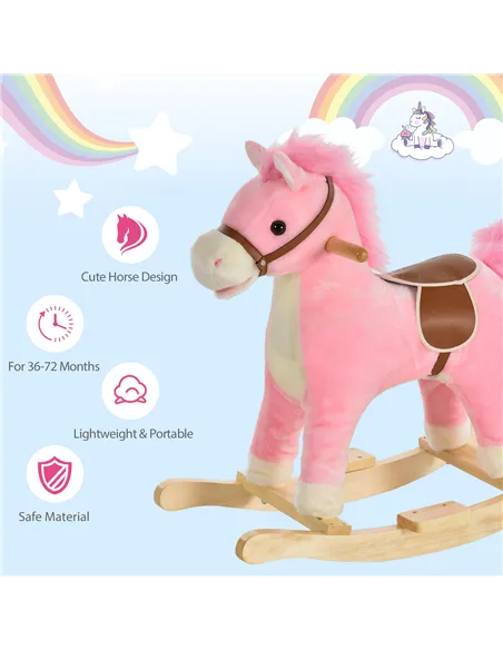 HOMCOM Kids Plush Rocking Horse w/ Sound Moving Mouth Wagging Tail Children Rocker Ride On Toy Gift 3-6 Years Pink
