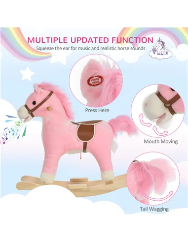 HOMCOM Kids Plush Rocking Horse w/ Sound Moving Mouth Wagging Tail Children Rocker Ride On Toy Gift 3-6 Years Pink