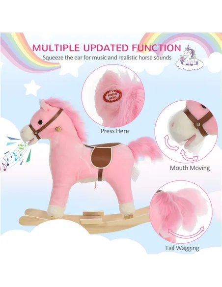 HOMCOM Kids Plush Rocking Horse w/ Sound Moving Mouth Wagging Tail Children Rocker Ride On Toy Gift 3-6 Years Pink