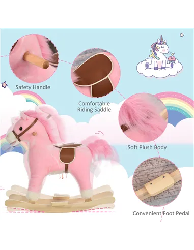 HOMCOM Kids Plush Rocking Horse w/ Sound Moving Mouth Wagging Tail Children Rocker Ride On Toy Gift 3-6 Years Pink