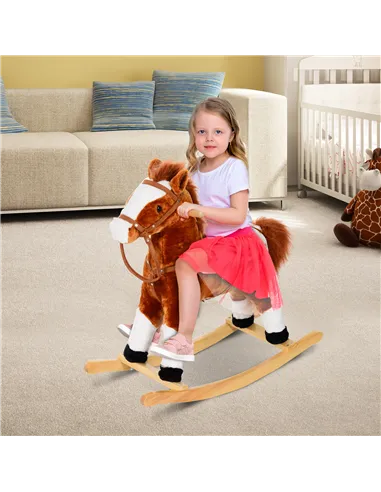 HOMCOM Baby Rocking Horse Plush Ride on Animals Rocker with Sound Handle Grip for kids 3-6 years - Brown