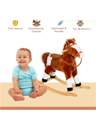 HOMCOM Baby Rocking Horse Plush Ride on Animals Rocker with Sound Handle Grip for kids 3-6 years - Brown