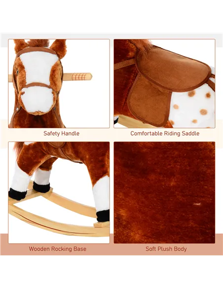 HOMCOM Baby Rocking Horse Plush Ride on Animals Rocker with Sound Handle Grip for kids 3-6 years - Brown
