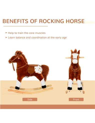 HOMCOM Baby Rocking Horse Plush Ride on Animals Rocker with Sound Handle Grip for kids 3-6 years - Brown