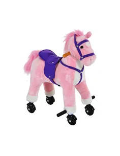 HOMCOM Rocking Horse Kids Ride on Walking Horse Animal Pony Wheeled Riding Plush Toy w/Sound for 2 Years and Up (Pink)