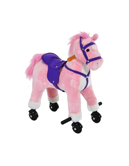 HOMCOM Rocking Horse Kids Ride on Walking Horse Animal Pony Wheeled Riding Plush Toy w/Sound for 2 Years and Up (Pink)