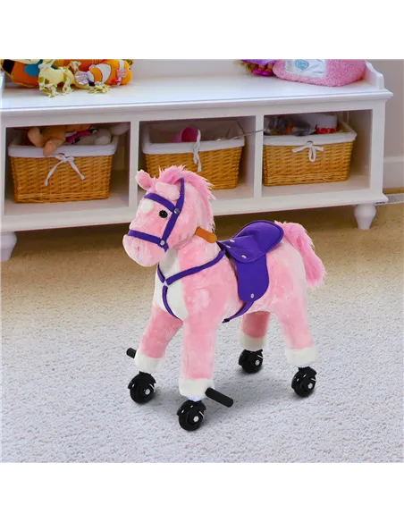 HOMCOM Rocking Horse Kids Ride on Walking Horse Animal Pony Wheeled Riding Plush Toy w/Sound for 2 Years and Up (Pink)