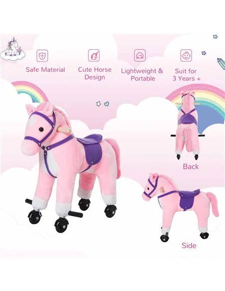 HOMCOM Rocking Horse Kids Ride on Walking Horse Animal Pony Wheeled Riding Plush Toy w/Sound for 2 Years and Up (Pink)