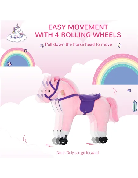 HOMCOM Rocking Horse Kids Ride on Walking Horse Animal Pony Wheeled Riding Plush Toy w/Sound for 2 Years and Up (Pink)