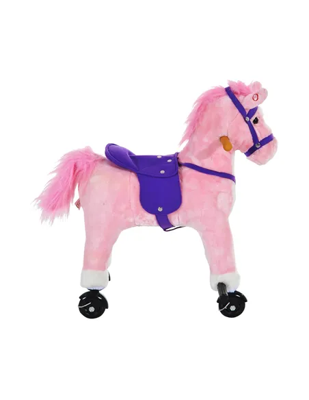 HOMCOM Rocking Horse Kids Ride on Walking Horse Animal Pony Wheeled Riding Plush Toy w/Sound for 2 Years and Up (Pink)