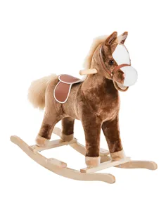 HOMCOM Kids Children Plush Rocking Horse Wooden Base Ride On Toy Rocker with Handle Grip Traditional Toy Fun Gift for Age 3+ (Br