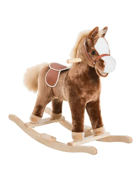 HOMCOM Kids Children Plush Rocking Horse Wooden Base Ride On Toy Rocker with Handle Grip Traditional Toy Fun Gift for Age 3+ (Br