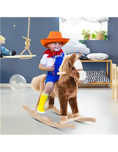 HOMCOM Kids Children Plush Rocking Horse Wooden Base Ride On Toy Rocker with Handle Grip Traditional Toy Fun Gift for Age 3+ (Br