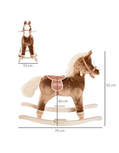 HOMCOM Kids Children Plush Rocking Horse Wooden Base Ride On Toy Rocker with Handle Grip Traditional Toy Fun Gift for Age 3+ (Br