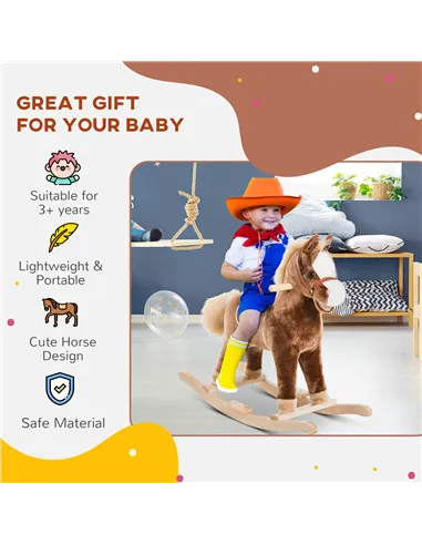 HOMCOM Kids Children Plush Rocking Horse Wooden Base Ride On Toy Rocker with Handle Grip Traditional Toy Fun Gift for Age 3+ (Br