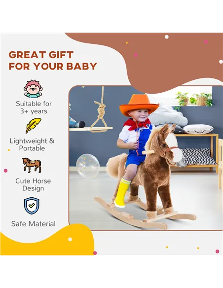 HOMCOM Kids Children Plush Rocking Horse Wooden Base Ride On Toy Rocker with Handle Grip Traditional Toy Fun Gift for Age 3+ (Br