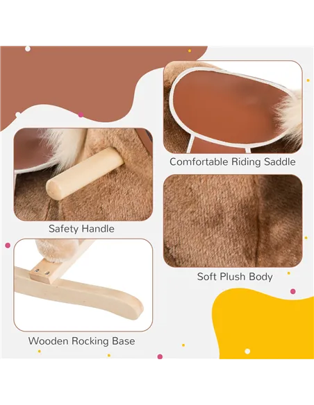 HOMCOM Kids Children Plush Rocking Horse Wooden Base Ride On Toy Rocker with Handle Grip Traditional Toy Fun Gift for Age 3+ (Br