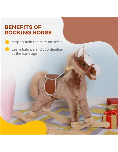 HOMCOM Kids Children Plush Rocking Horse Wooden Base Ride On Toy Rocker with Handle Grip Traditional Toy Fun Gift for Age 3+ (Br