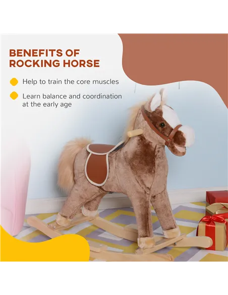 HOMCOM Kids Children Plush Rocking Horse Wooden Base Ride On Toy Rocker with Handle Grip Traditional Toy Fun Gift for Age 3+ (Br