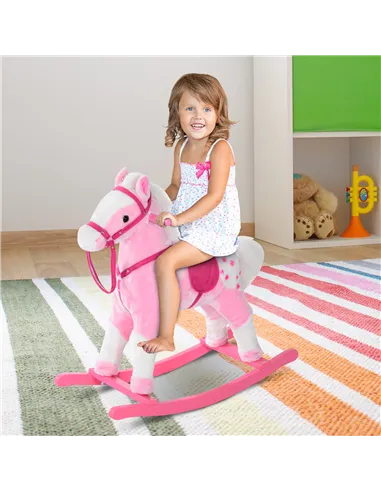 HOMCOM Baby Rocking Horse Plush Ride on Animals Rocker with Sound Handle Grip for Kids 3-6 Years - Pink