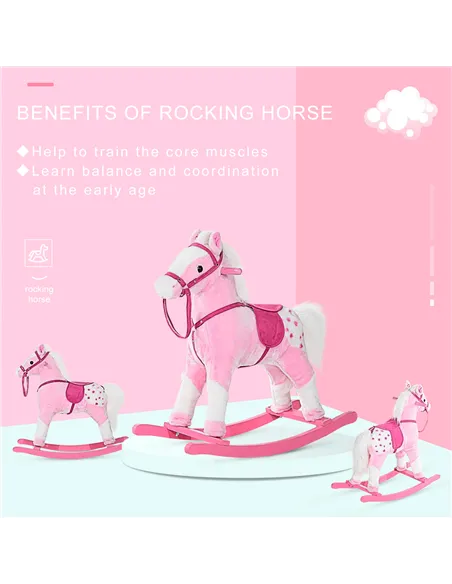 HOMCOM Baby Rocking Horse Plush Ride on Animals Rocker with Sound Handle Grip for Kids 3-6 Years - Pink