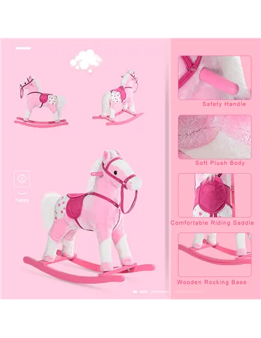 HOMCOM Baby Rocking Horse Plush Ride on Animals Rocker with Sound Handle Grip for Kids 3-6 Years - Pink