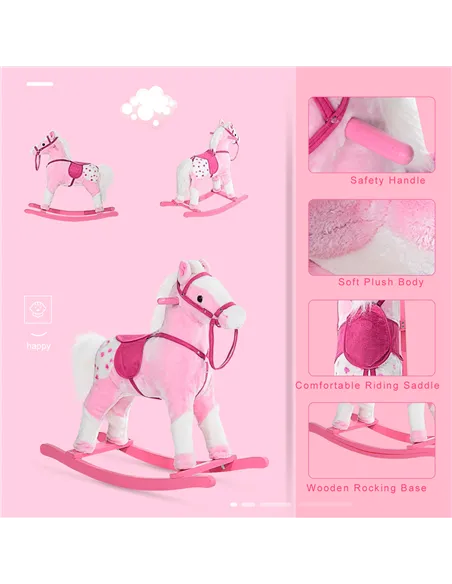 HOMCOM Baby Rocking Horse Plush Ride on Animals Rocker with Sound Handle Grip for Kids 3-6 Years - Pink