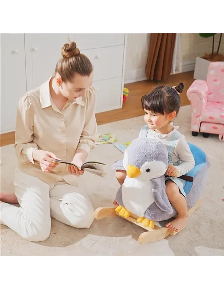 HOMCOM Children Kids Animal Rocking Horse Penguin Plush Musical Button 32 Songs Kid Rocker for 18+ Months