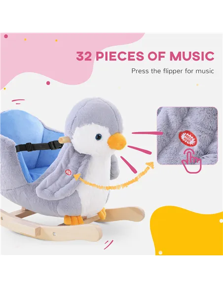 HOMCOM Children Kids Animal Rocking Horse Penguin Plush Musical Button 32 Songs Kid Rocker for 18+ Months