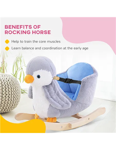 HOMCOM Children Kids Animal Rocking Horse Penguin Plush Musical Button 32 Songs Kid Rocker for 18+ Months