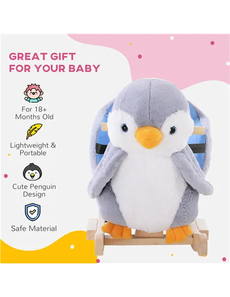 HOMCOM Children Kids Animal Rocking Horse Penguin Plush Musical Button 32 Songs Kid Rocker for 18+ Months