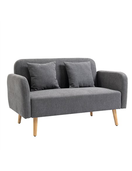 HOMCOM 2 Seater Sofa, Modern Fabric Loveseat Sofa, Small Couch with 2 Pillows, Armrest and Wood Legs for Living Room, Bedroom, H
