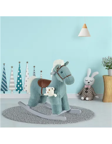 HOMCOM Kids Plush Ride-On Rocking Horse Toy Rocker with Plush Toy Realistic Sounds for Child 18-36 Months Blue