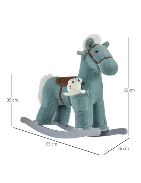 HOMCOM Kids Plush Ride-On Rocking Horse Toy Rocker with Plush Toy Realistic Sounds for Child 18-36 Months Blue